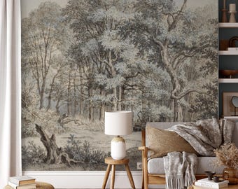 Vintage schilderachtig behang, traditionele bosmuurschildering met schil en stok