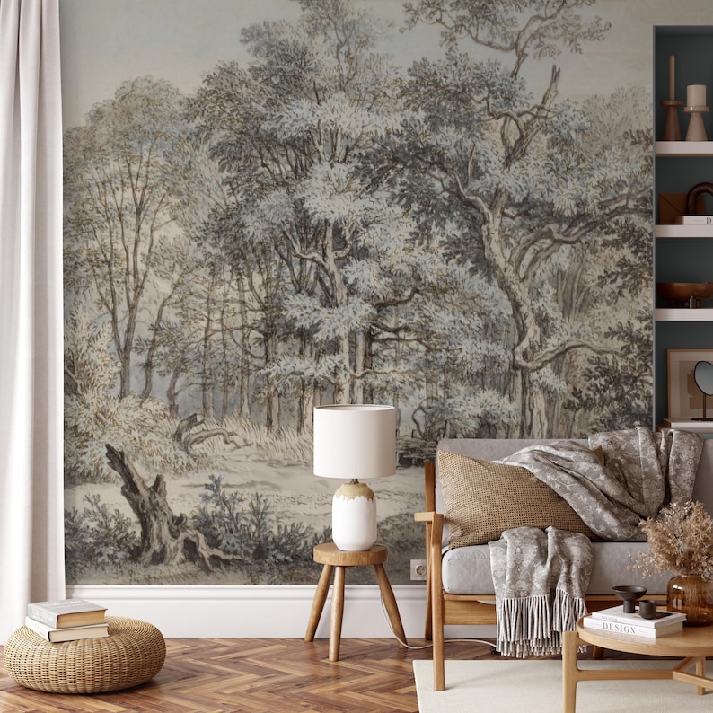 Vintage Scenic Forest Wallpaper Mural, Traditional Tree Peel and Stick ...