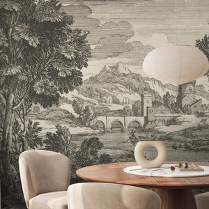 Rustic Landscape Scene Wall Mural, Vintage Palace Panoramic Peel and Stick Wallpaper
