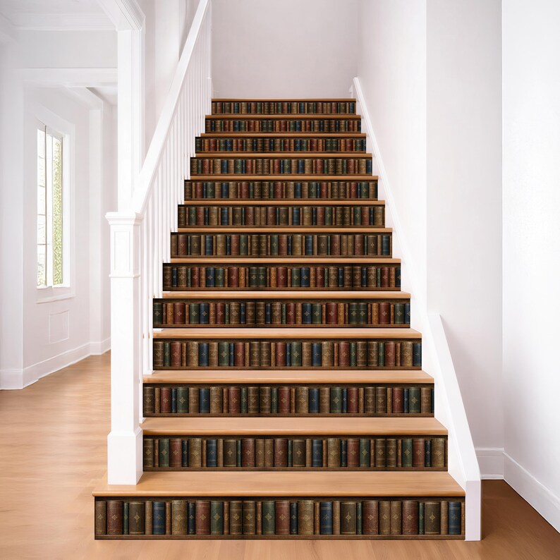 Library Book Risers Antique Bookshelf Stair Riser Decal, Vintage Library Peel and Stick ...