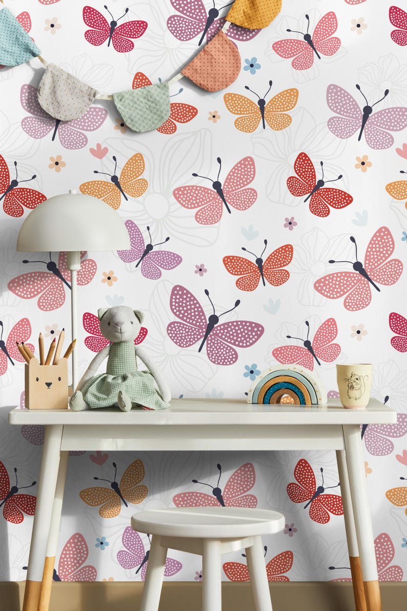 Butterfly Pattern Wallpaper, Colorful Floral Kids Room Peel and Stick ...