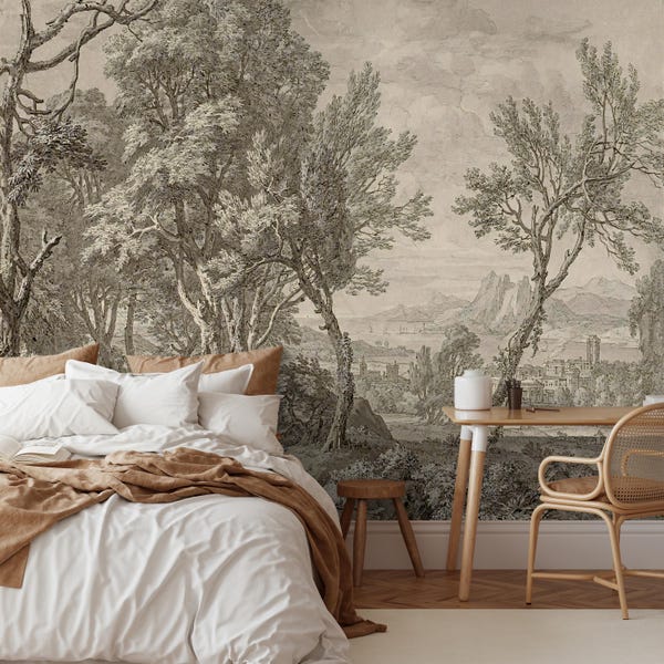 Mural de pared de bosque rural vintage, papel tapiz panorámico autoadhesivo.