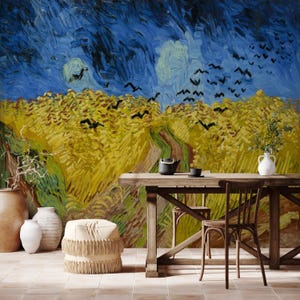 Carta da parati "Campo di grano con corvi" di Van Gogh, murale con paesaggio con cielo azzurro, decorazione murale rimovibile per interni artistici e audaci.