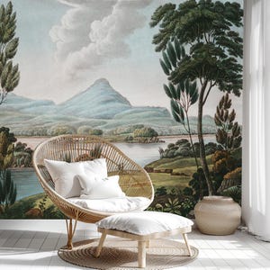Lake View Forest Peel and Stick Wall Mural, Nature-Inspired Tree Wallpaper, Removable Self-Adhesive Mural for Cottagecore or Woodland Décor