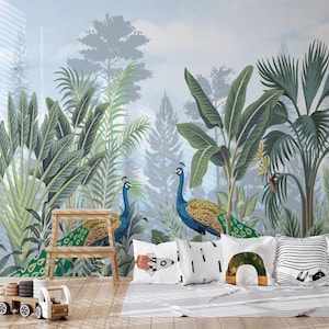 Tropical Peacock Peel and Stick Wallpaper: Jungle Nursery Mural