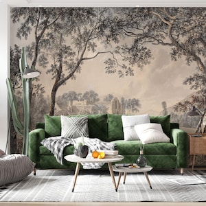 Murale da parete con paesaggio panoramico, carta da parati vintage con paesaggio e disegno di alberi, carta da parati autoadesiva rimovibile, staccabile e attaccabile per un arredamento classico