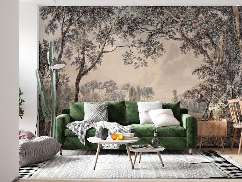 Landscape Scenic Wall Mural, Vintage Landscape Wallpaper, Self Adhesive