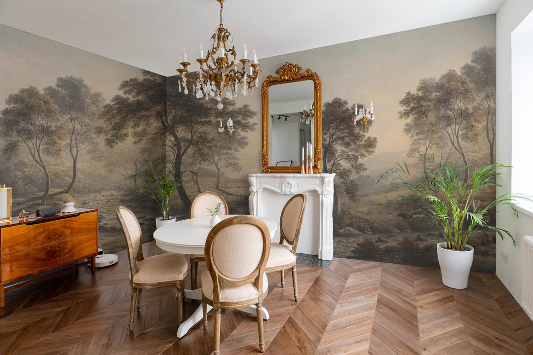 Forest Landscape Wall Mural, Vintage Scenic Tree Peel and Stick ...
