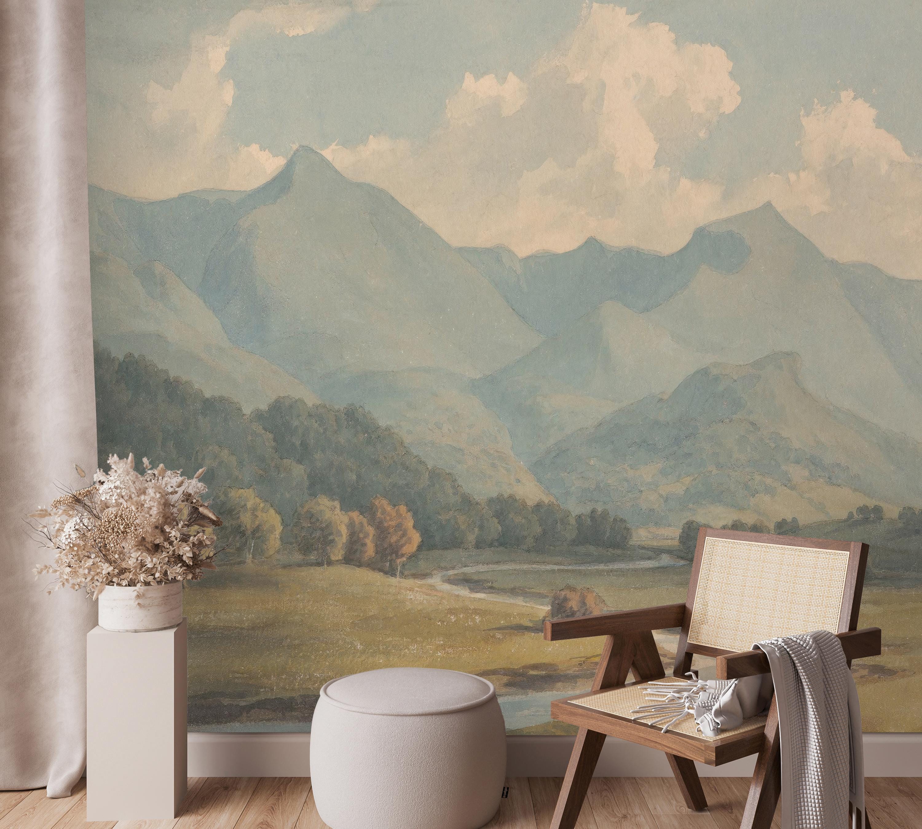 Vintage Mountain Mural Wallpaper: Peel and Stick Scenic Wall Art - Etsy