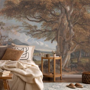 Retro-Baum-Landschafts-Tapeten-Wandbild mit Fluss und Brücke, Landschafts-Wand-Kunst für Schlafzimmer oder Wohnzimmer-rustikales Dekor