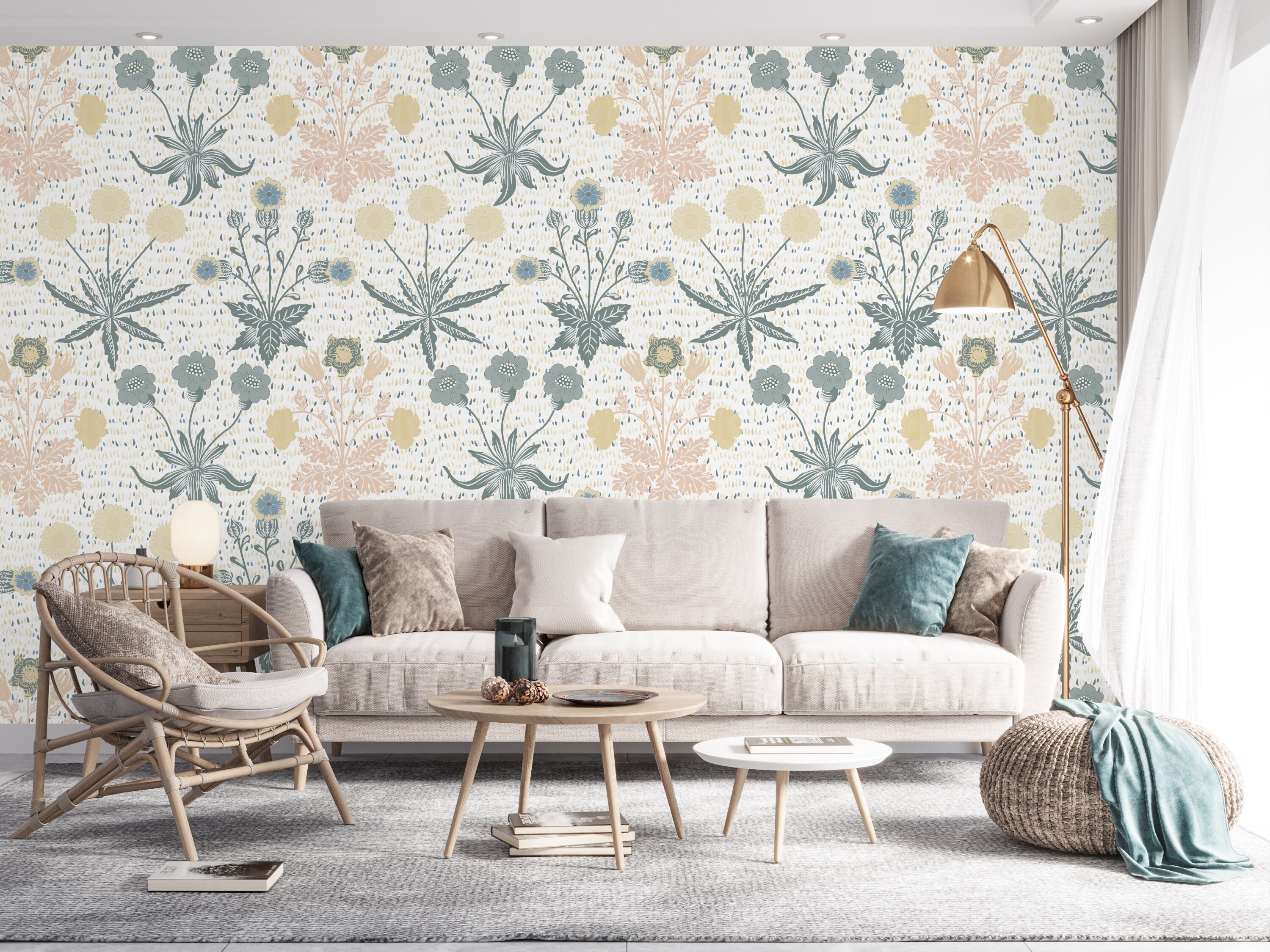 Blue Yellow Floral Wallpaper / Removable Wallpaper / Peel and Etsy