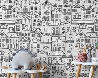 Kinderbehang met stadshuisjes, op maat gemaakte zelfklevende muurschildering voor de kinderkamer.