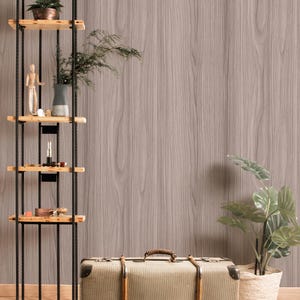 Könnte beinhalten: Ein Vintage-Koffer mit braunen Lederriemen und Metallapplikationen steht auf einem Teppich vor einer Holzvertäfelung. Links vom Koffer steht ein schwarzes Metallregal mit Holzböden, rechts davon eine Topfpflanze.