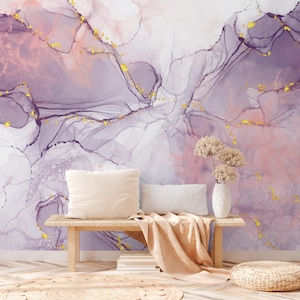 Purple Marble Wallpaper: Gold Vein Watercolor, Peel and Stick Mural