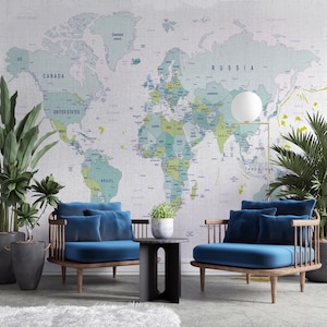 Carta da parati adesiva con mappa del mondo turchese, murale rimovibile personalizzato per ufficio o soggiorno, carta da parati moderna autoadesiva da viaggio