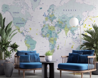 Turquoise World Map Peel and Stick Wallpaper: Removable Travel Decor