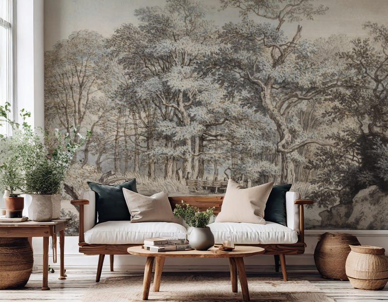 Vintage Scenic Wallpaper, Traditional Forest Tree Peel and Stick Wall ...
