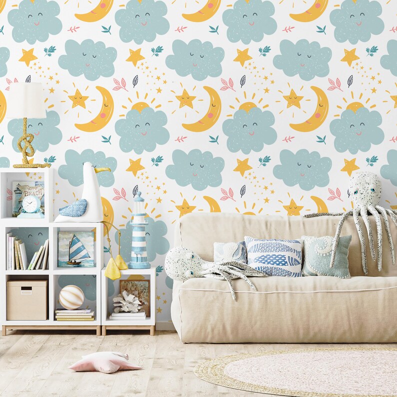 Star Moon Cloud Nursery Wallpaper, Peel and Stick Wall Mural - Etsy