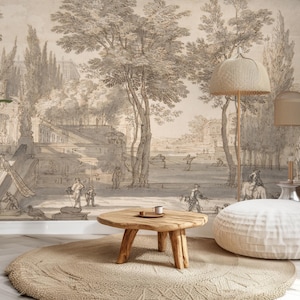 Vintage Landscape Mural: Palace in Forest Peel and Stick Wallpaper
