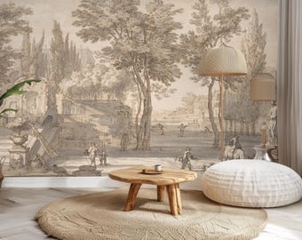 Vintage Landscape Mural: Palace in Forest Peel and Stick Wallpaper