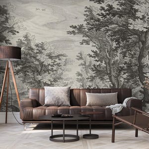 Vintage Forest Wallpaper, Peel and Stick Tree Landscape Wall Mural - Removable Rustic Nature Wall Mural for Living Room or Bedroom
