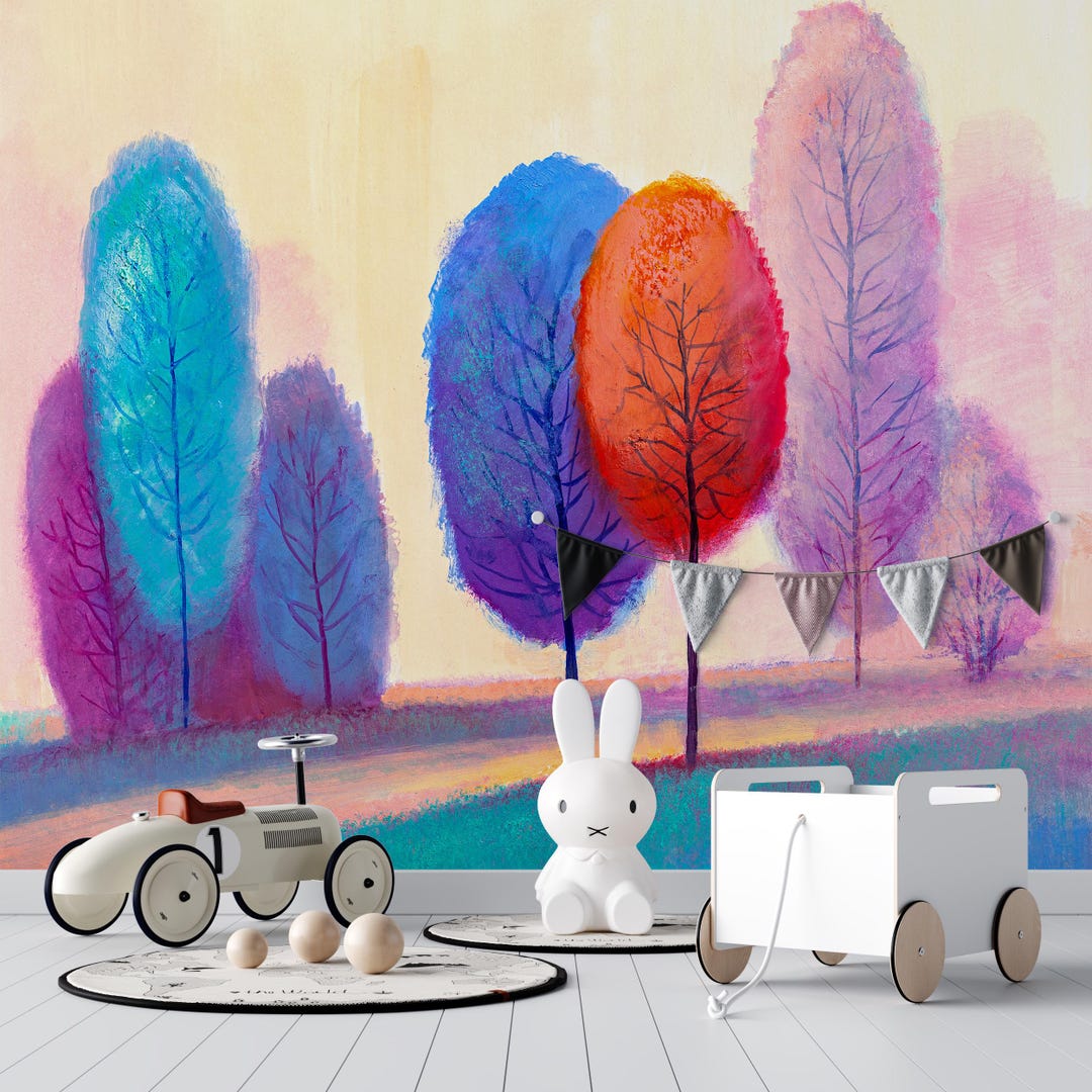 Colorful Tree Wall Mural, Abstract Forest Landscape Peel and Stick ...