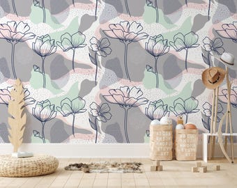 Abstract Floral Wallpaper, Pastel Line Art Peel and Stick Wall Mural, Modern Decor