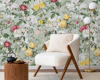 English Garden Wallpaper, Vintage Rose Peel and Stick Wall Mural, Botanical Decor