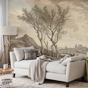 Vintage Castle Landscape Mural: Removable Peel and Stick Wallpaper