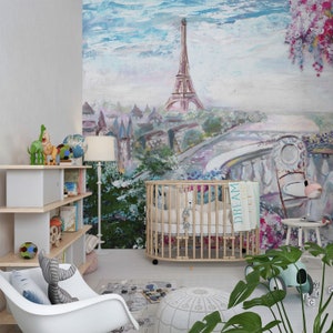 Eiffel Tower Wallpaper | Watercolor Wallpaper | Kids Landscape Wallpaper | Self Adhesive Mural | Removable Wallpaper | Peel and Stick Mural