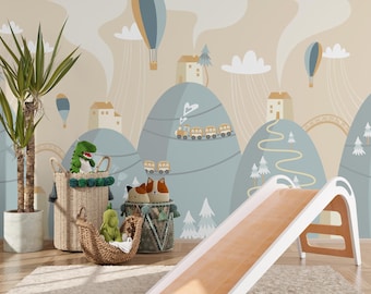 Scandinavisch bergbehang, zelfklevende muurschildering met heteluchtballon, decoratie voor de kinderkamer
