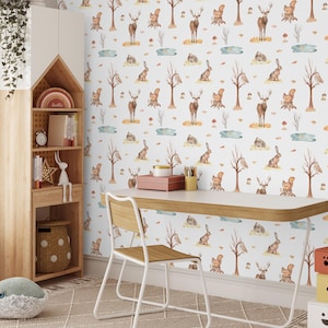 Woodland Animal Wallpaper for Nursery, Neutral Peel and Stick Wall Mural with Deer, Squirrel,Trees and Mushrooms, Removable Nature Wallpaper