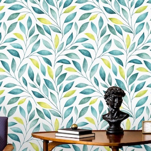 Watercolor Leaves Wallpaper, Turquoise & Green Peel and Stick Mural, Calm Nursery Wallpaper for Baby Room or Kids Space