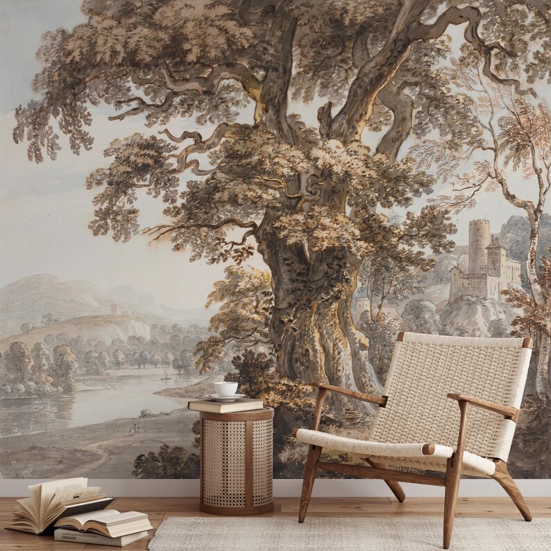 Buy Landscape Rustic Wall Mural, Tree Wallpaper,river, Tree and Castle
