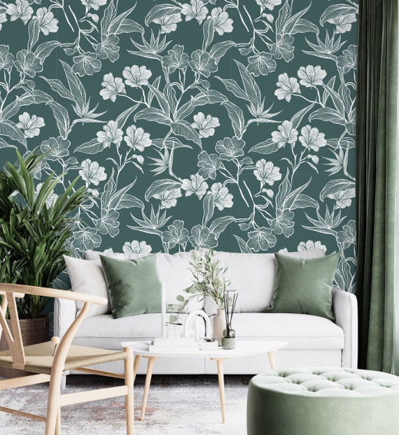 Green Wallpaper / Leaves Wallpaper / Peel and Stick / | Etsy