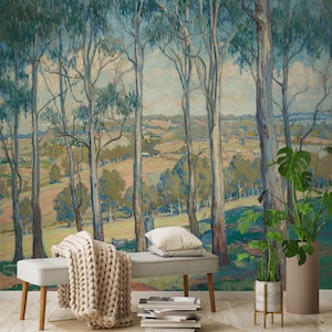 Carta da parati con pittura paesaggistica e albero, murale con paesaggio forestale, design di pittura rurale, carta da parati tradizionale autoadesiva rimovibile