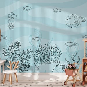 Underwater Ocean Wallpaper for Nursery, Peel and Stick Sea Life Wall Mural, Whimsical Marine Decor for Baby Room or Kids Bedroom Wall Mural