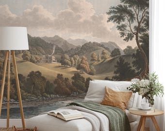 Forest Landscape Wall Mural, Vintage Panoramic Peel and Stick Wallpaper