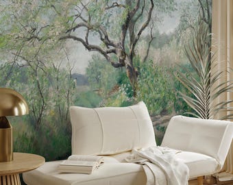 Vintage Landscape Wall Mural, Panoramic Forest Tree Peel and Stick Wallpaper