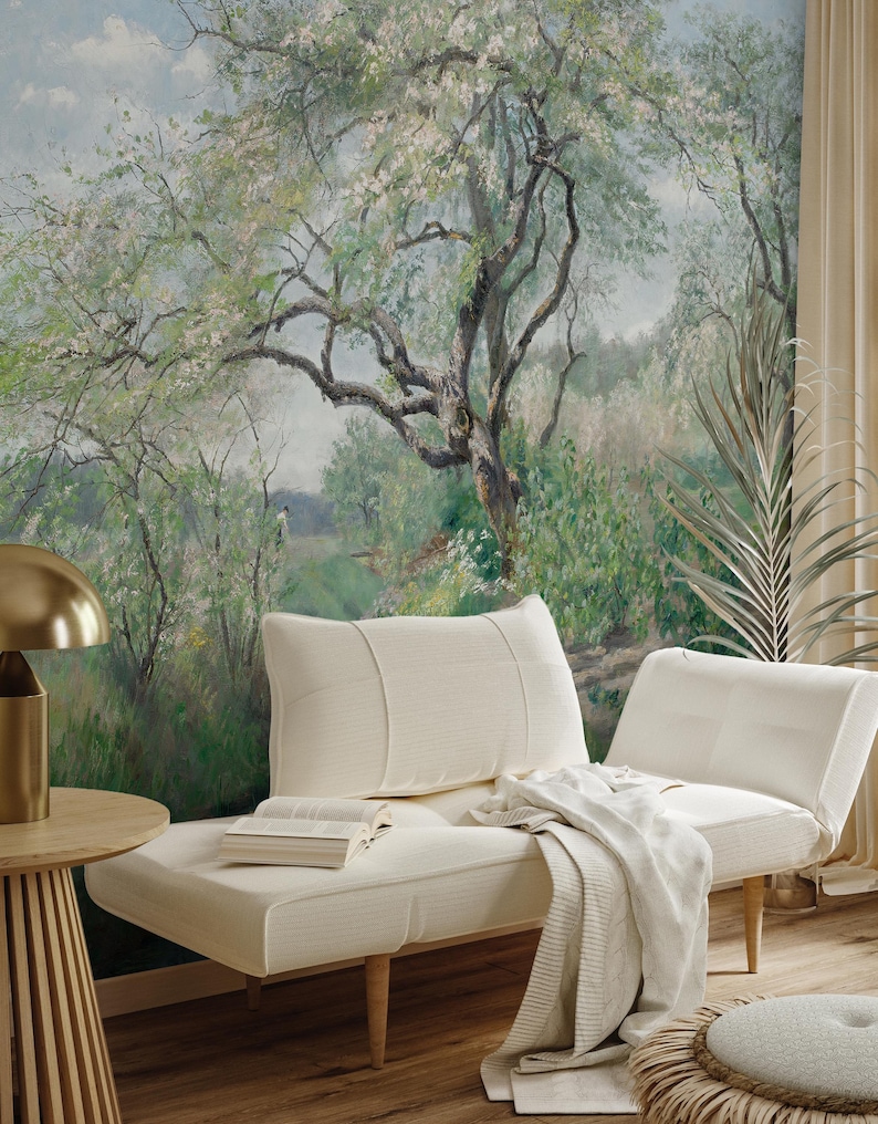 Vintage Landscape Wall Mural, Panoramic Forest Tree Peel and Stick ...