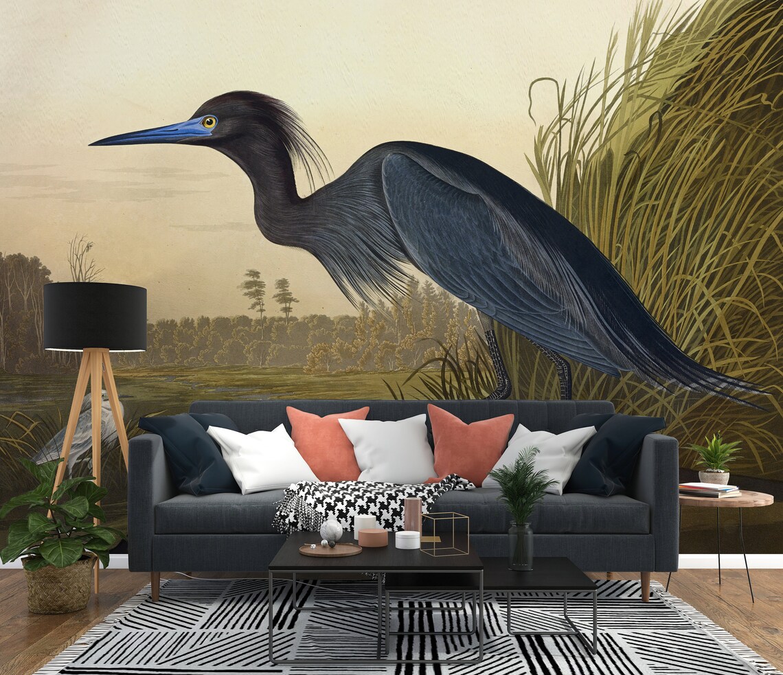 Blue Crane Removable Wallpaper / Bird Peel and stick Wallpaper Etsy