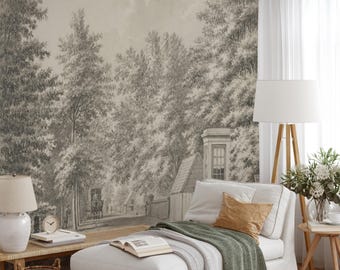 Vintage Landscape Wall Mural, Beige Peel and Stick Tree Wallpaper