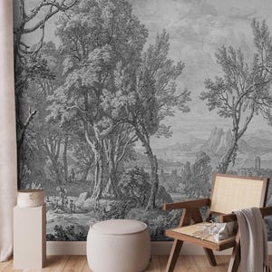 Gray Panoramic Scenic Wall Mural, Vintage Rustic Forest Peel and Stick Wallpaper