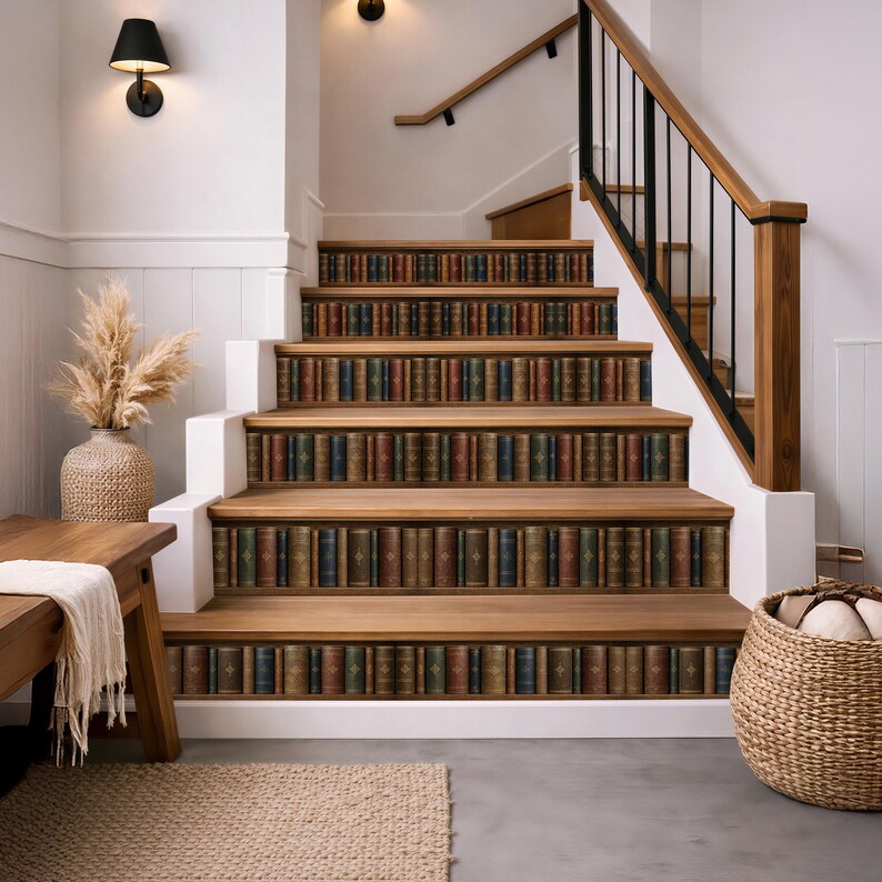Library Book Risers Antique Bookshelf Stair Riser Decal, Vintage Library Peel and Stick ...