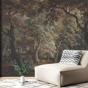 Carta da parati murale staccabile e adesiva Dark Forest, carta da parati artistica vintage con paesaggio lacustre, design panoramico del paesaggio, carta da parati autoadesiva rimovibile