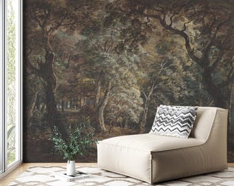 Dark Forest Lake Peel and Stick Wallpaper Mural: Vintage Landscape Art
