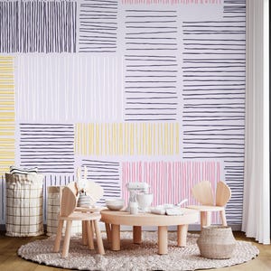 Pastelllila tapet, linjekonst, självhäftande väggmålning, minimalistisk modern inredning