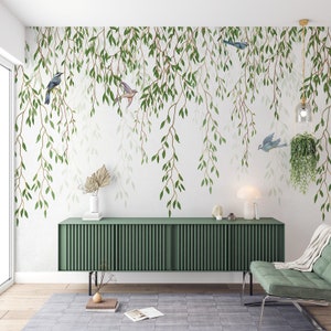 Hanging Leaves Birds Tropical Wallpaper Floral Wall mural White Background Ivy Wall art Vine Trendy Wallposter Modern Room Design