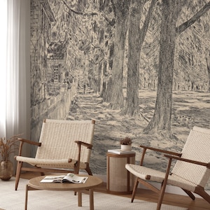Vintage Tree Wallpaper, Scenic Forest Landscape Panoramic Peel and Stick Mural
