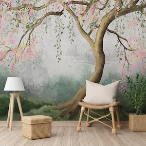 Chinoiserie Tree Wallpaper: Scenic Forest Landscape Peel and Stick Mural